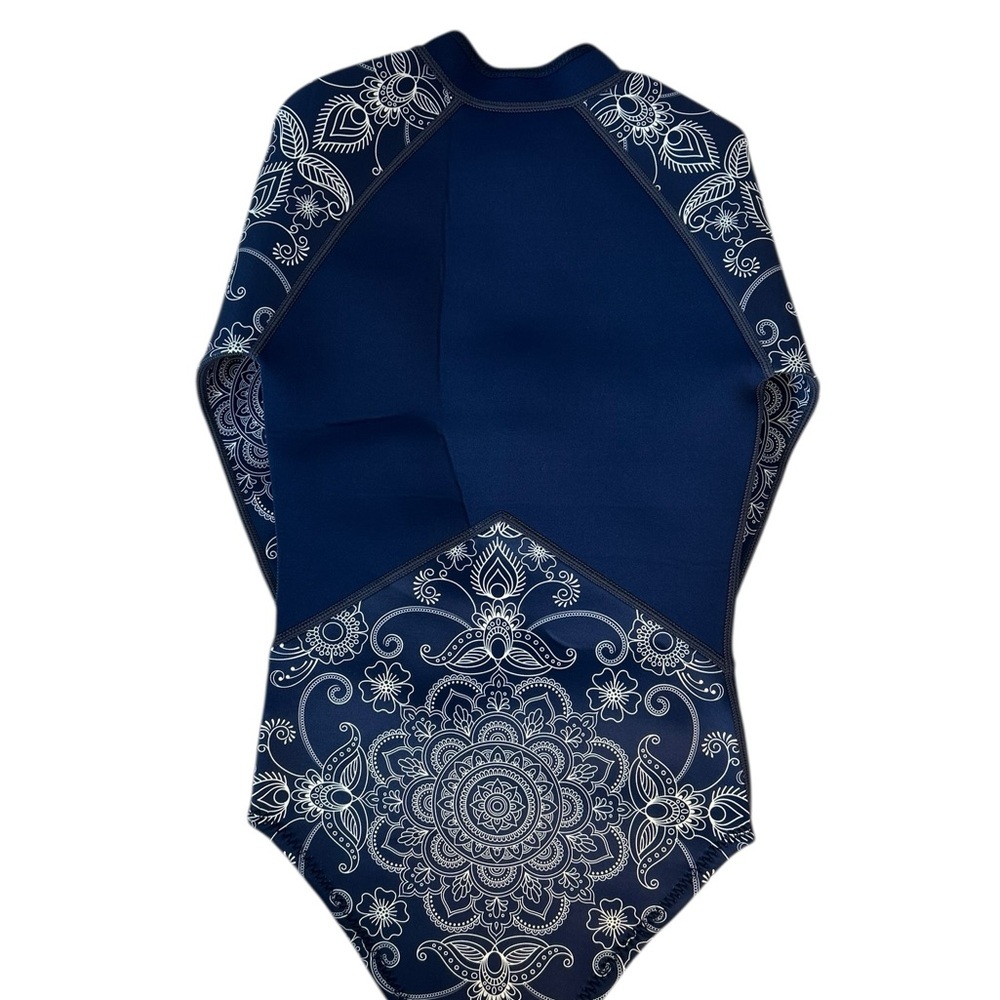 Tilili Mandala Rashguard One Piece Swimsuit Long Sleeve Zip Front Boho Navy 10